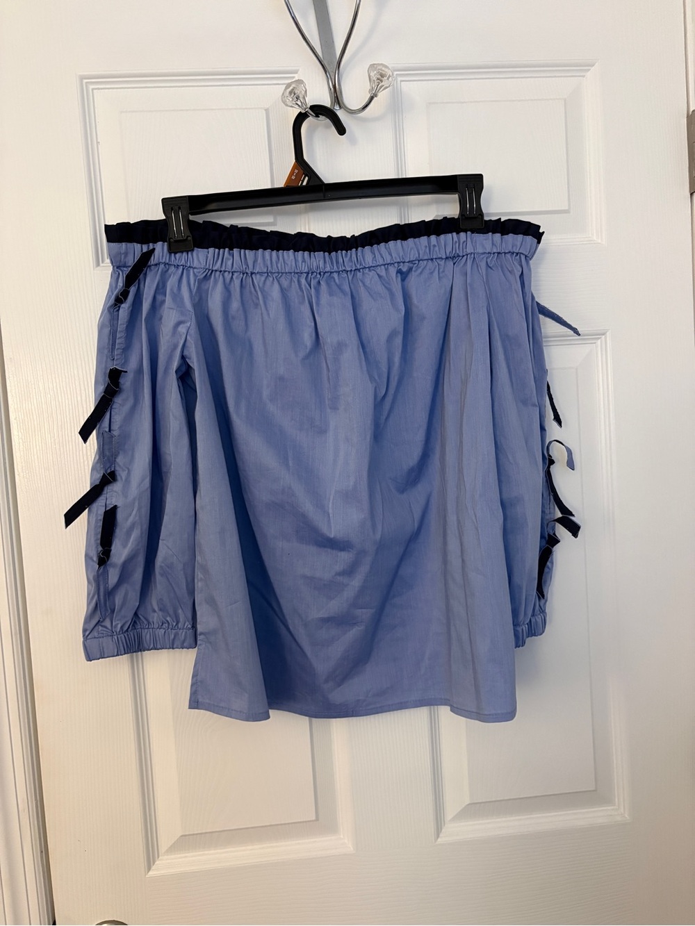 NWOT LOFT Light Blue Off-Shoulder Blouse with Navy Trim